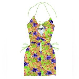 I.AM.GIA Tropical Floral Cut Out Halter Dress with Purple, Lime, Orange